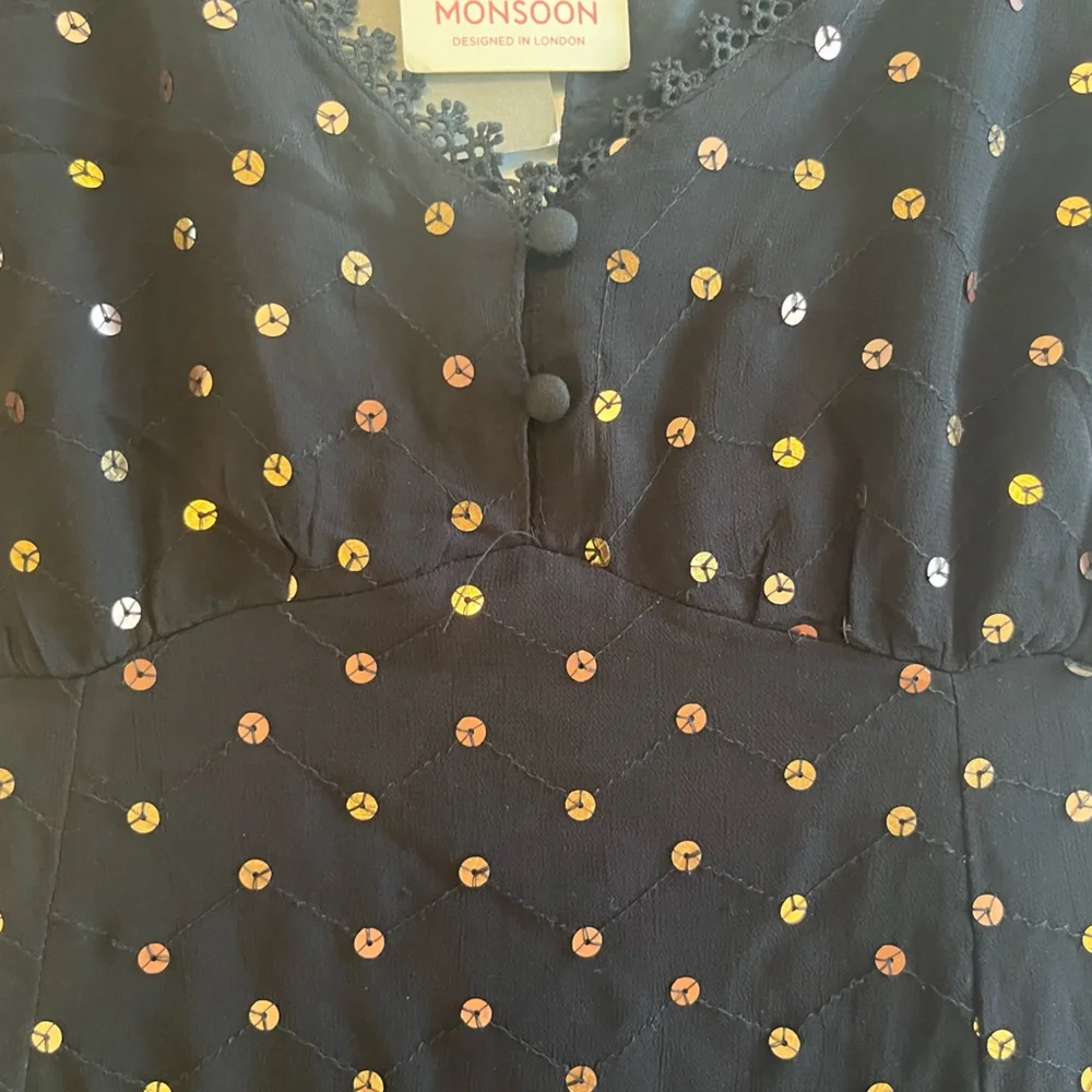 Monsoon Black Midi Dress with Gold sequin and lace detailing - Picture 6 of 9
